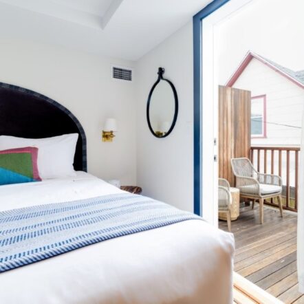Bright hotel room with blue accents