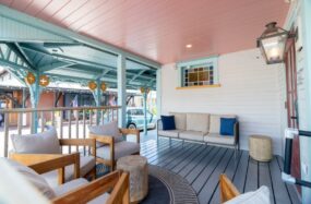 Outdoor patio seating area with cushions