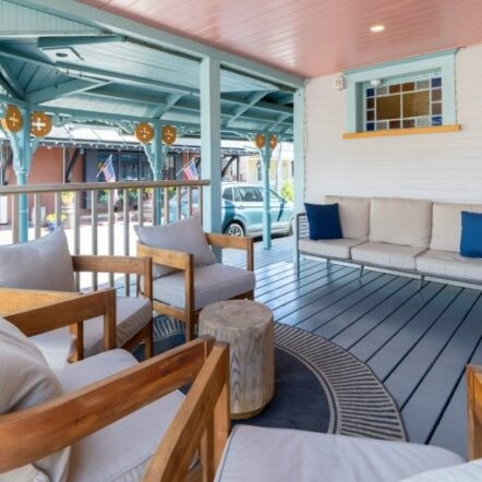 Outdoor seating area with cushions