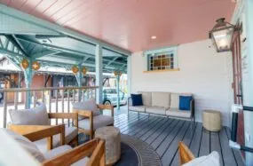 Outdoor patio seating area with cushions