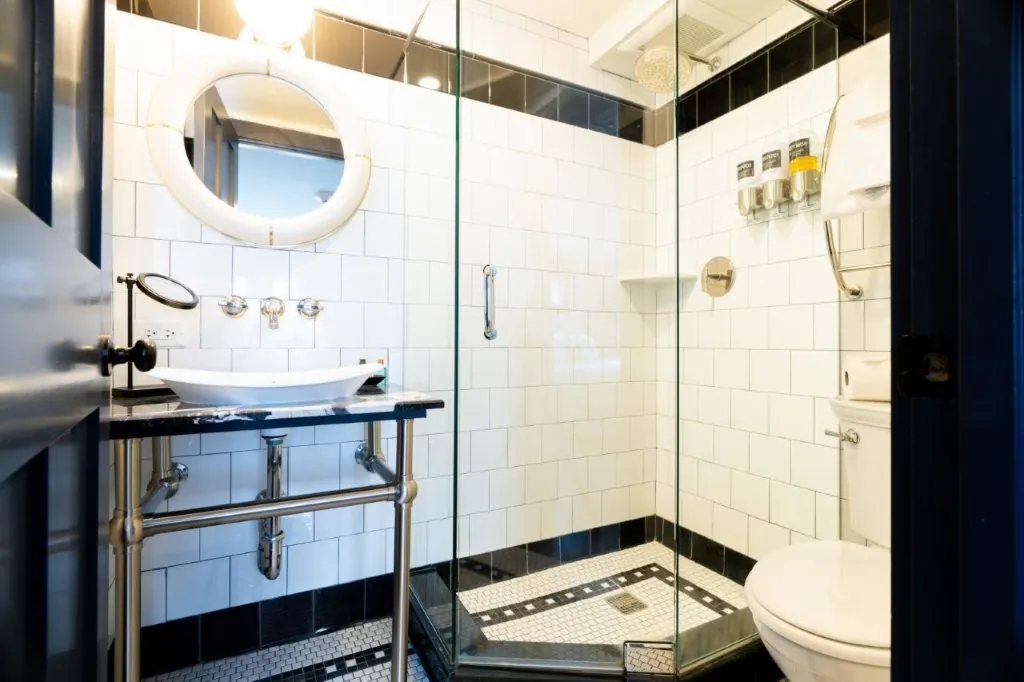 Bright bathroom with glass shower